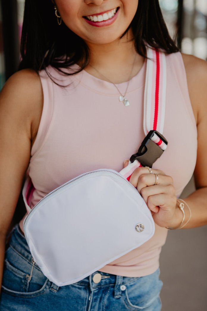 White Solid Wholesale Belt Bag with Striped Strap White Solid Wholesale Belt Bag with Striped Strap