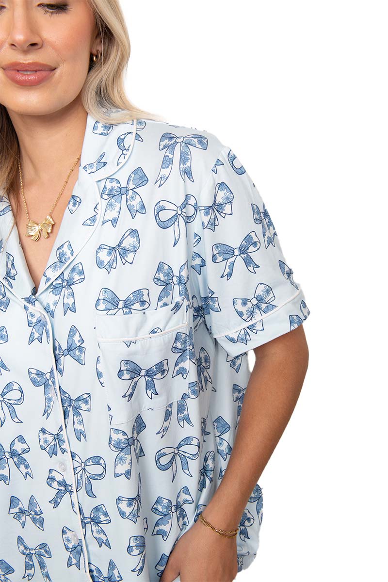 Light Blue Toile Coquette Bows Wholesale Cotton PJ Set Light Blue Toile Coquette Bows Wholesale Cotton PJ Set