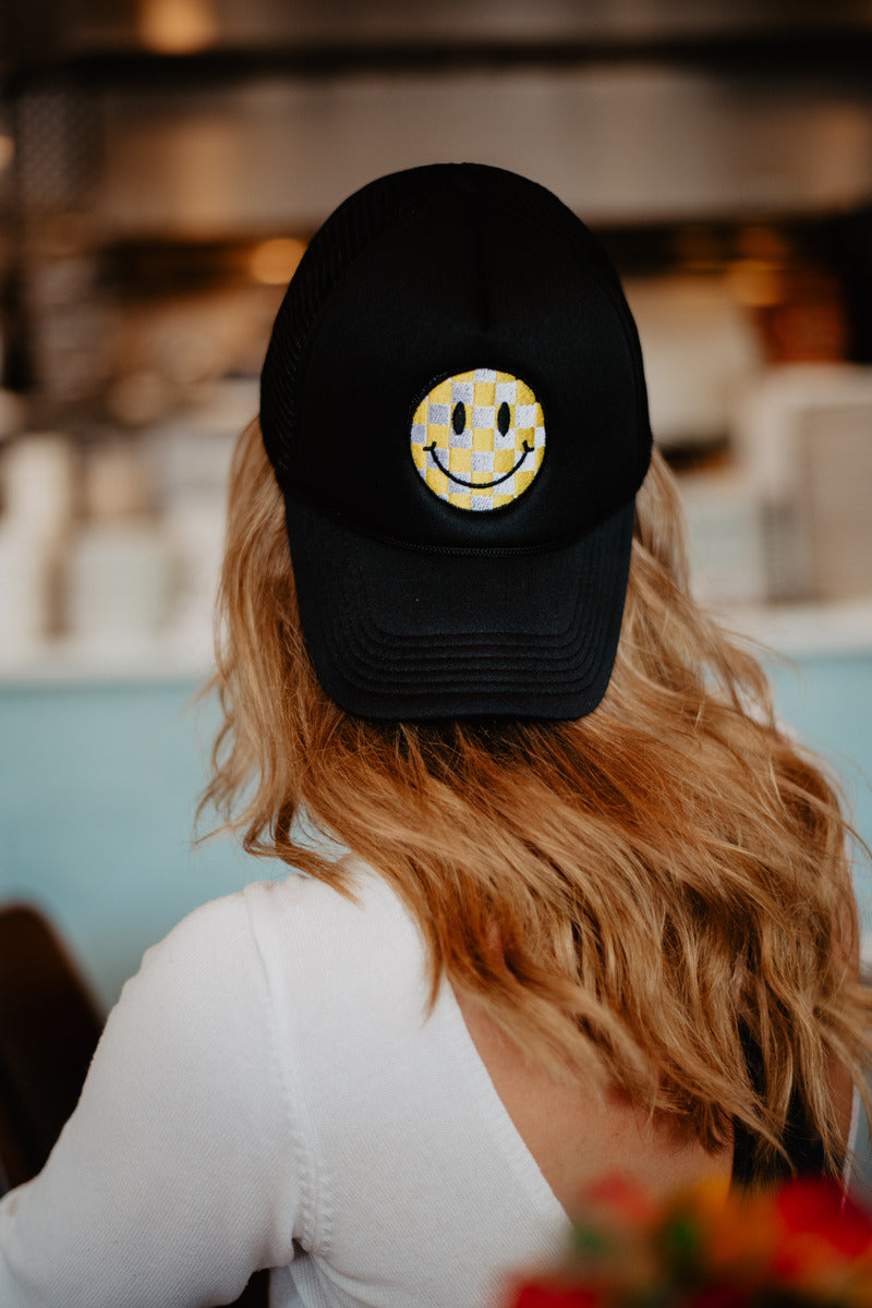 Yellow Checkered Happy Face Wholesale Foam Trucker Hat Yellow Checkered Happy Face Wholesale Foam Trucker Hat