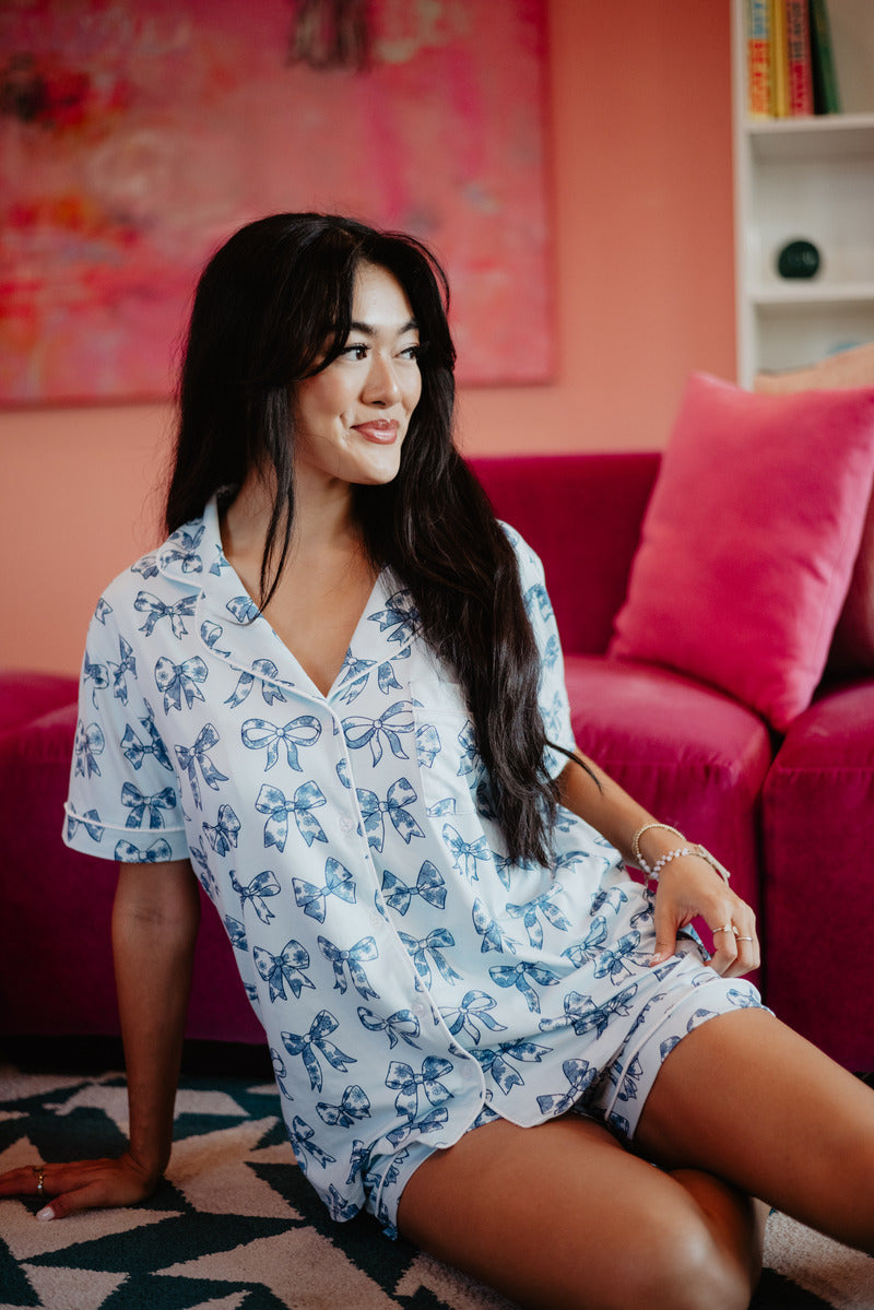 Light Blue Toile Coquette Bows Wholesale Cotton PJ Set Light Blue Toile Coquette Bows Wholesale Cotton PJ Set