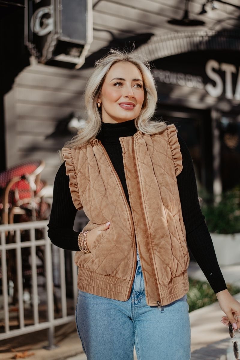 Brown Garment Washed Quilted Ruffle Sleeve Vests Brown Garment Washed Quilted Ruffle Sleeve Vests