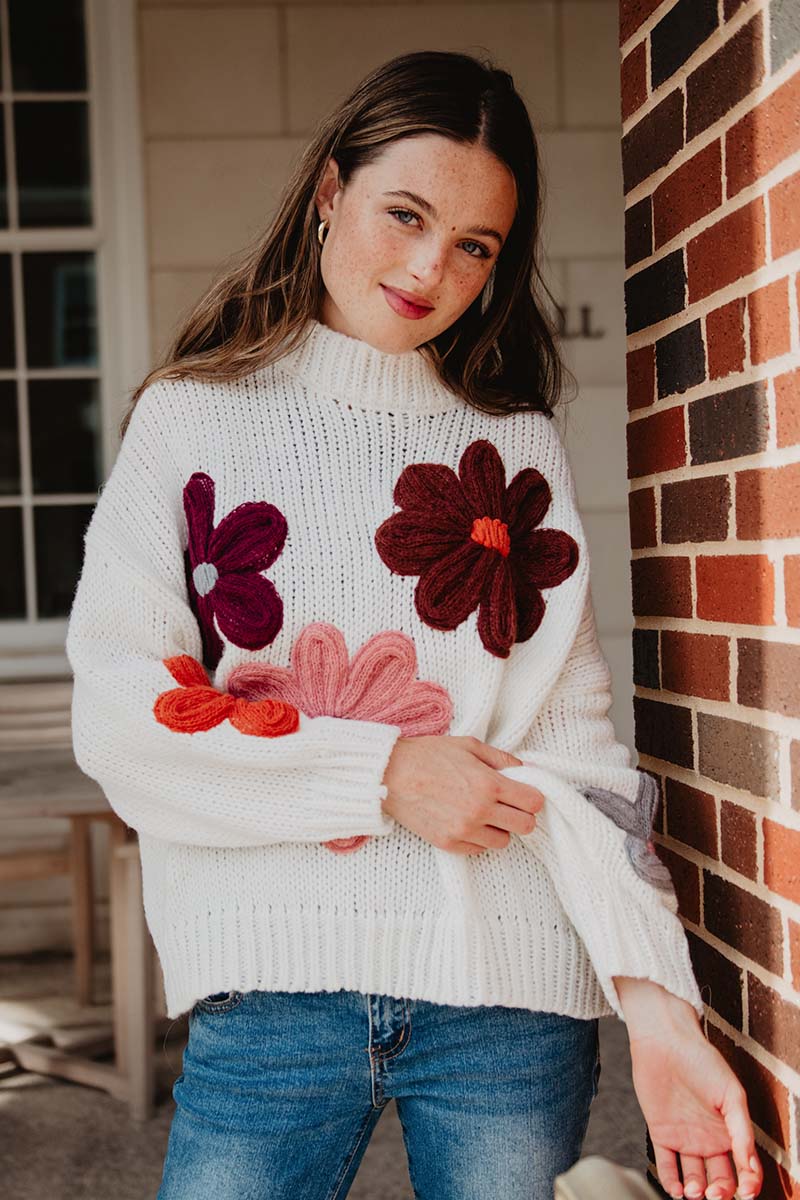 White Knit Floral Stitched Wholesale Sweater