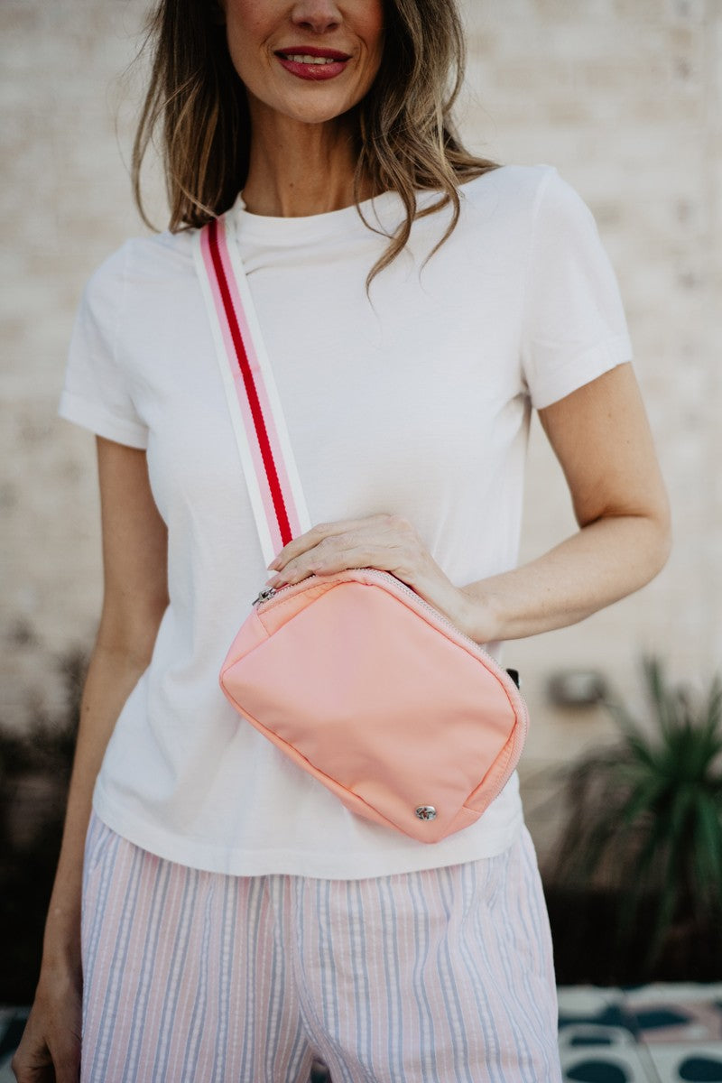 Light Pink Wholesale Solid Belt Bag with Striped Strap Light Pink Wholesale Solid Belt Bag with Striped Strap