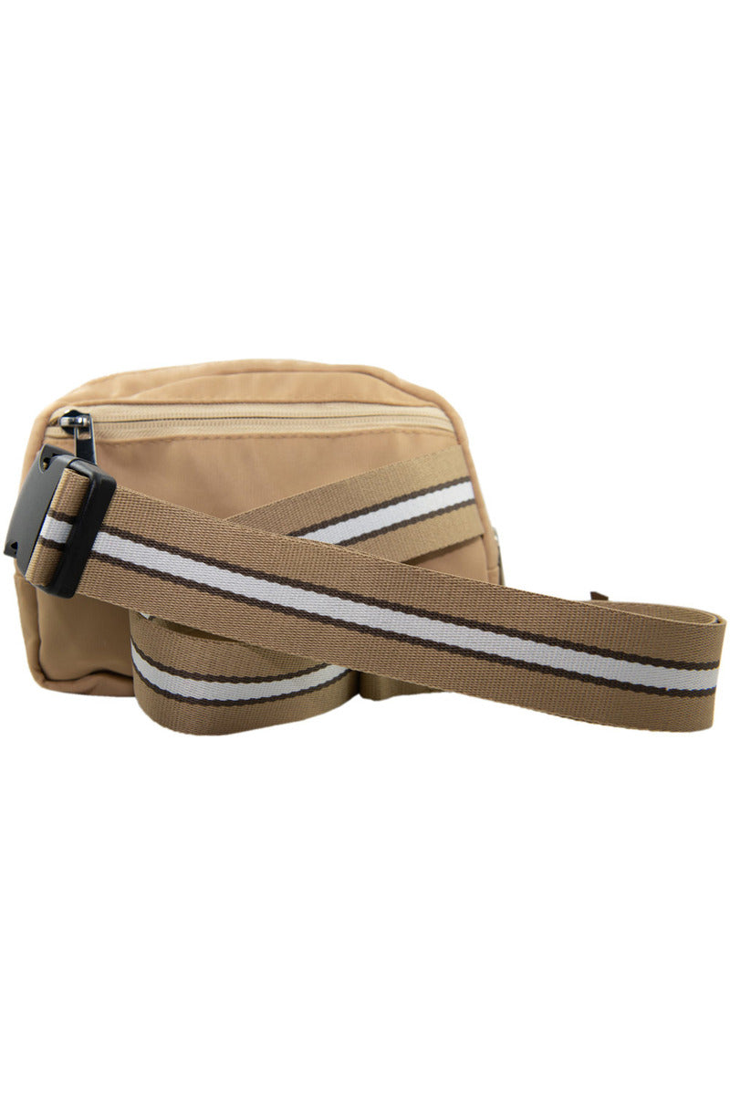 Tan Solid Wholesale Belt Bag with Striped Strap Tan Solid Wholesale Belt Bag with Striped Strap