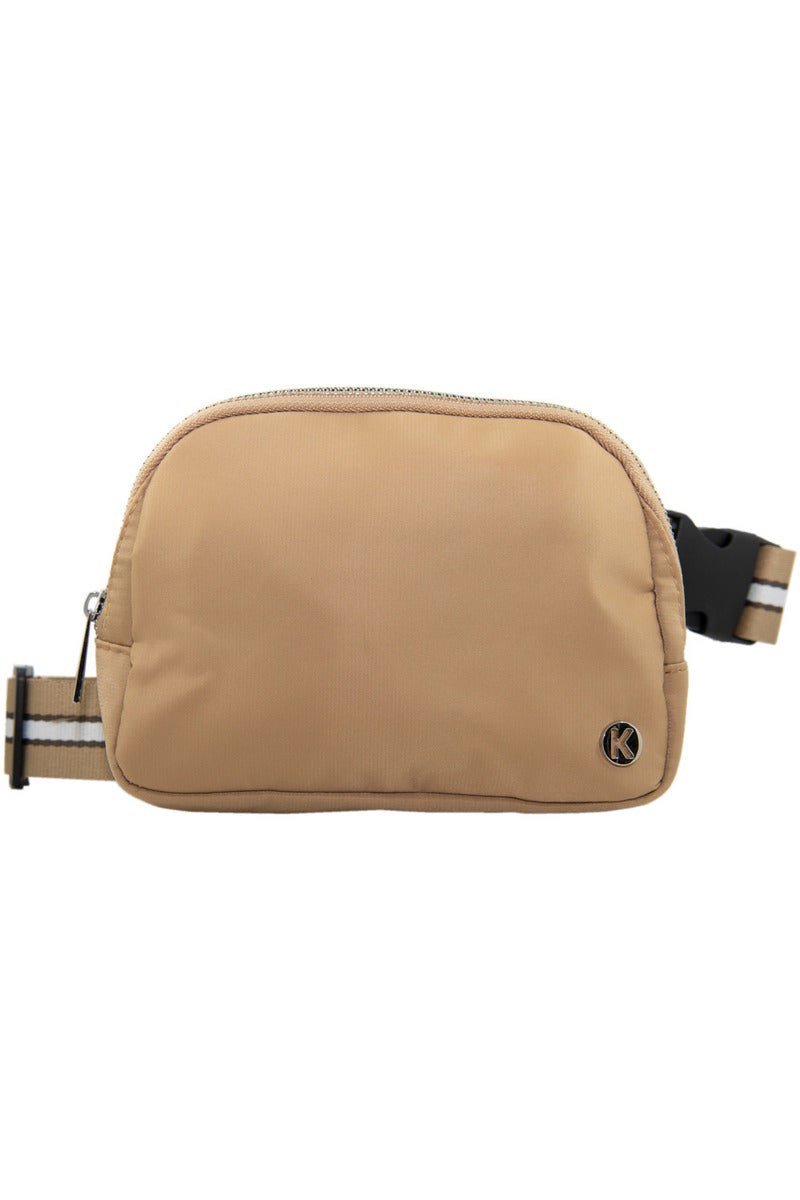 Tan Solid Wholesale Belt Bag with Striped Strap Tan Solid Wholesale Belt Bag with Striped Strap