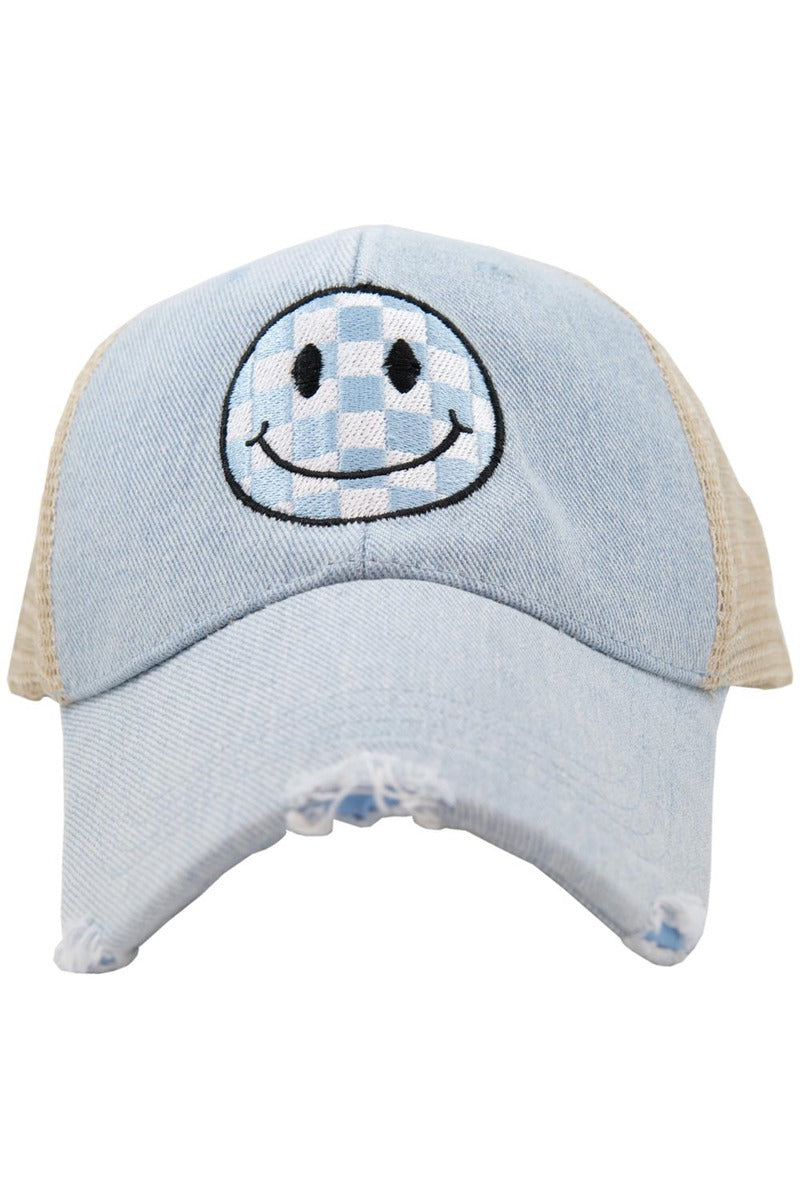 Light Blue Checkered Wholesale Happy Face Hat for Women Light Blue Checkered Wholesale Happy Face Hat for Women