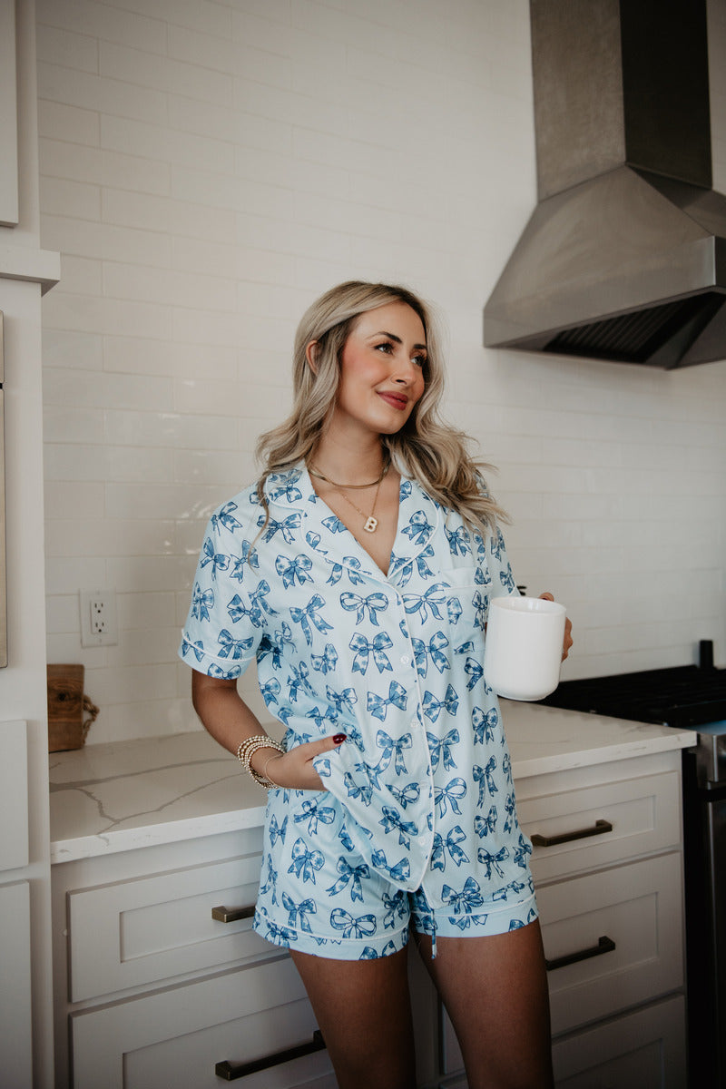 Light Blue Toile Coquette Bows Wholesale Cotton PJ Set Light Blue Toile Coquette Bows Wholesale Cotton PJ Set