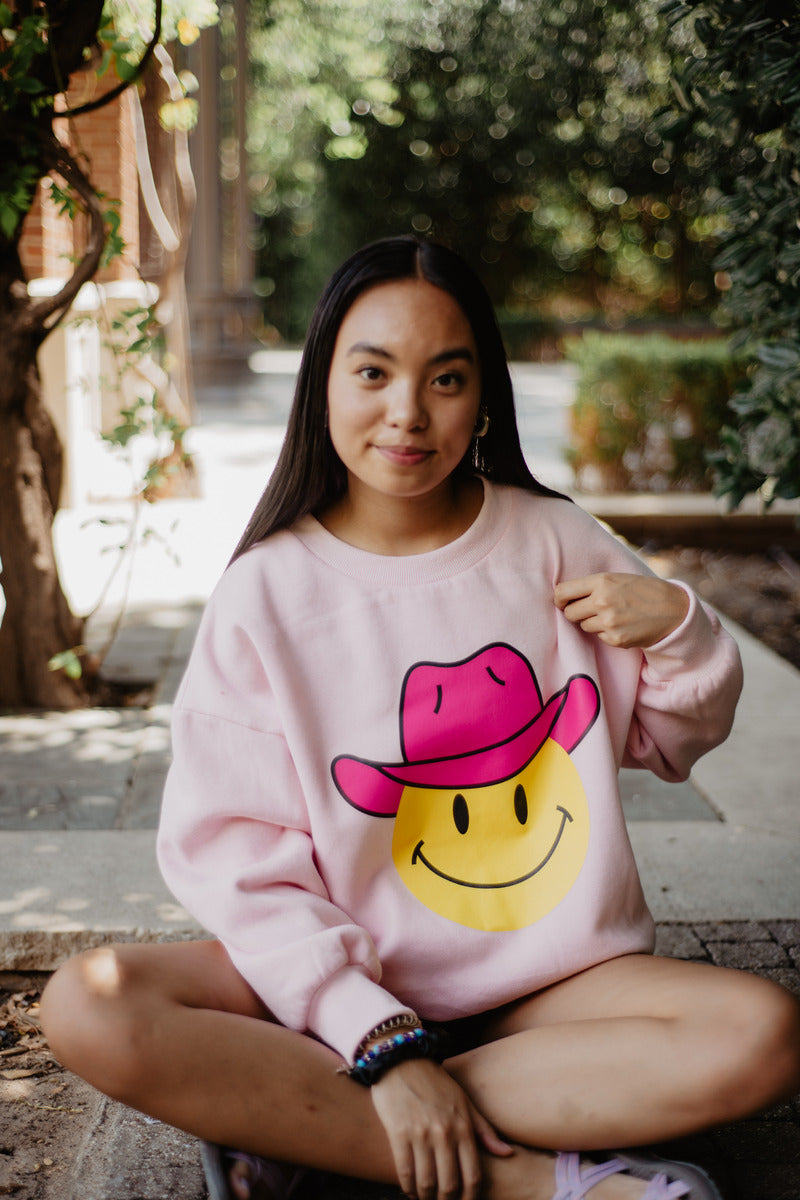 Pink Cowgirl Hat Happy Face Wholesale Graphic Sweatshirt Pink Cowgirl Hat Happy Face Wholesale Graphic Sweatshirt