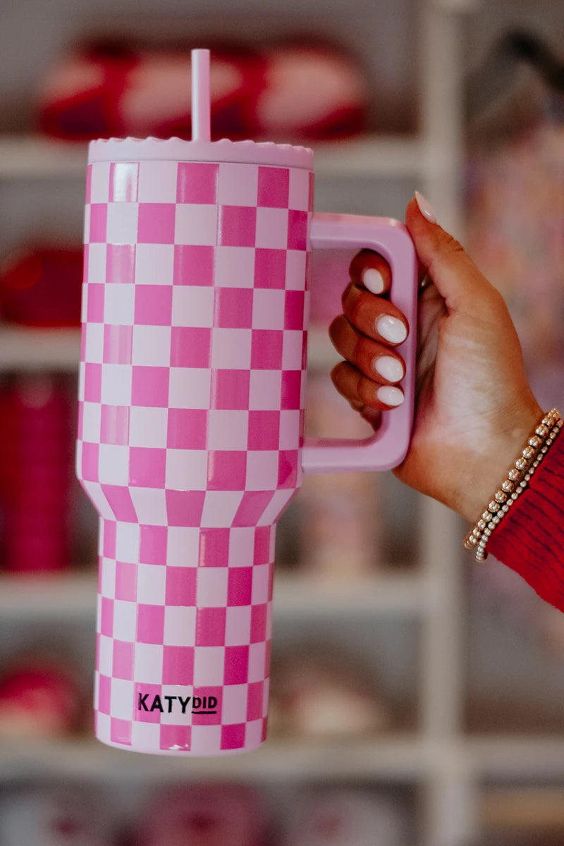 Pink Checker Wholesale Tumbler with Handle Pink Checker Wholesale Tumbler with Handle