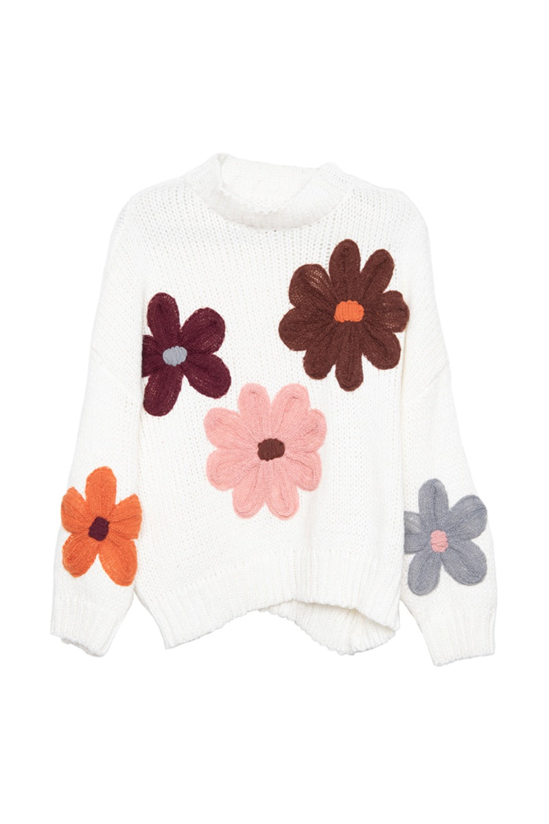 White Knit Floral Stitched Wholesale Sweater White Knit Floral Stitched Wholesale Sweater