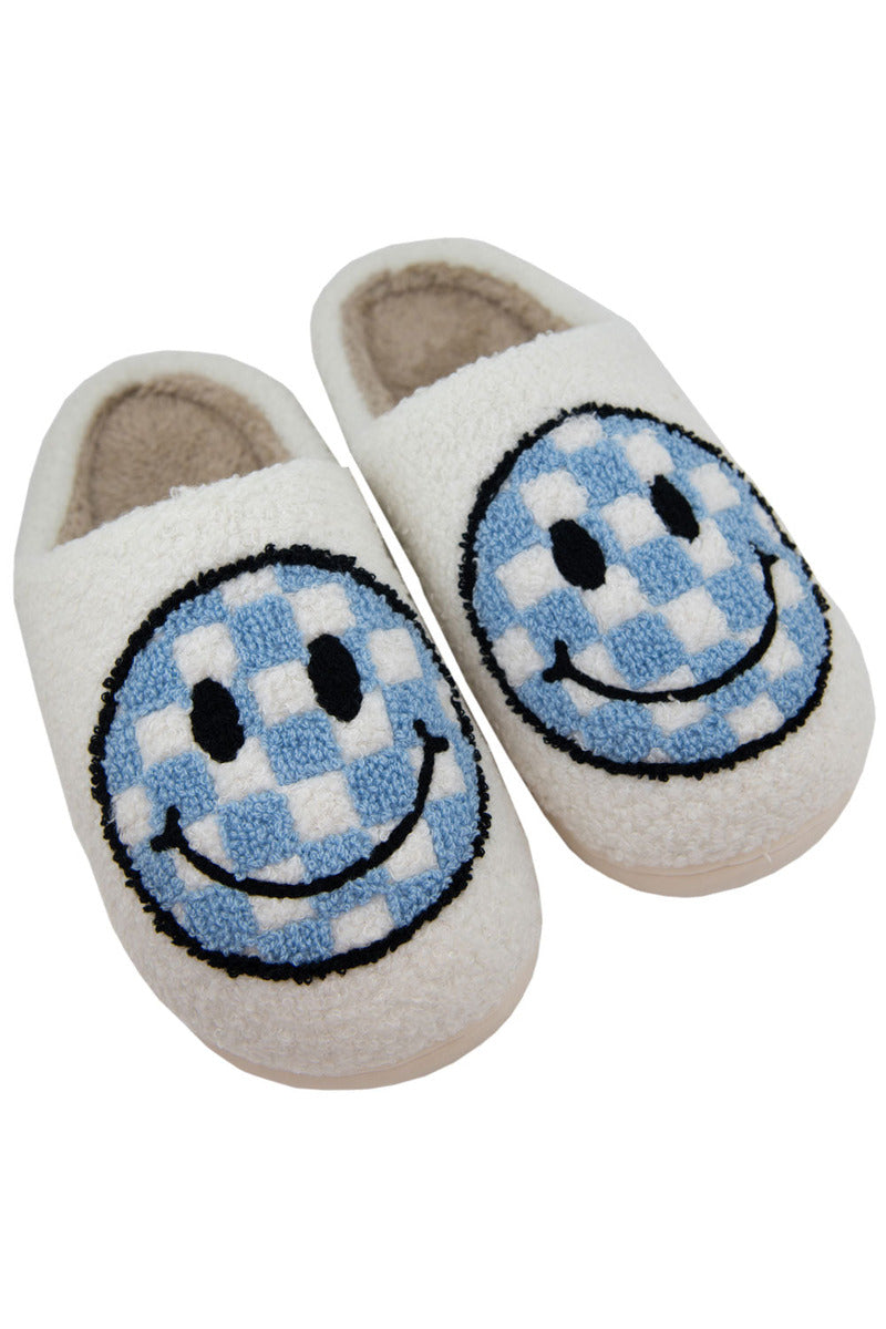 Light Blue Checkered Pattern Happy Face Slippers Light Blue Checkered Pattern Happy Face Slippers