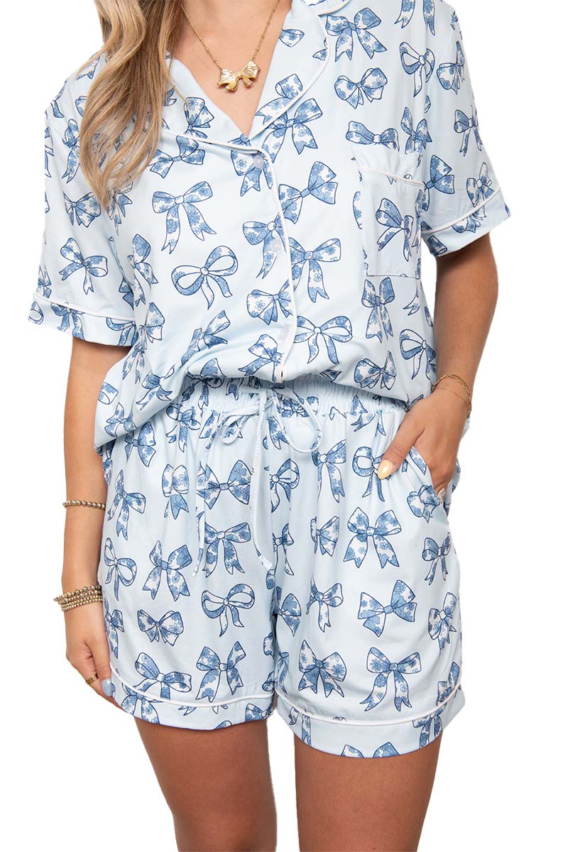 Light Blue Toile Coquette Bows Wholesale Cotton PJ Set Light Blue Toile Coquette Bows Wholesale Cotton PJ Set