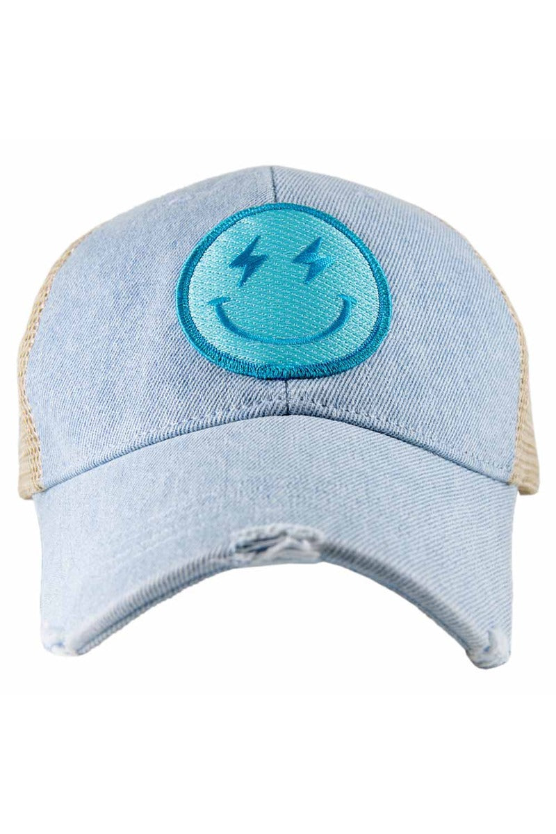 Turquoise Lightning Happy Face Denim Wholesale Trucker Hat Turquoise Lightning Happy Face Denim Wholesale Trucker Hat