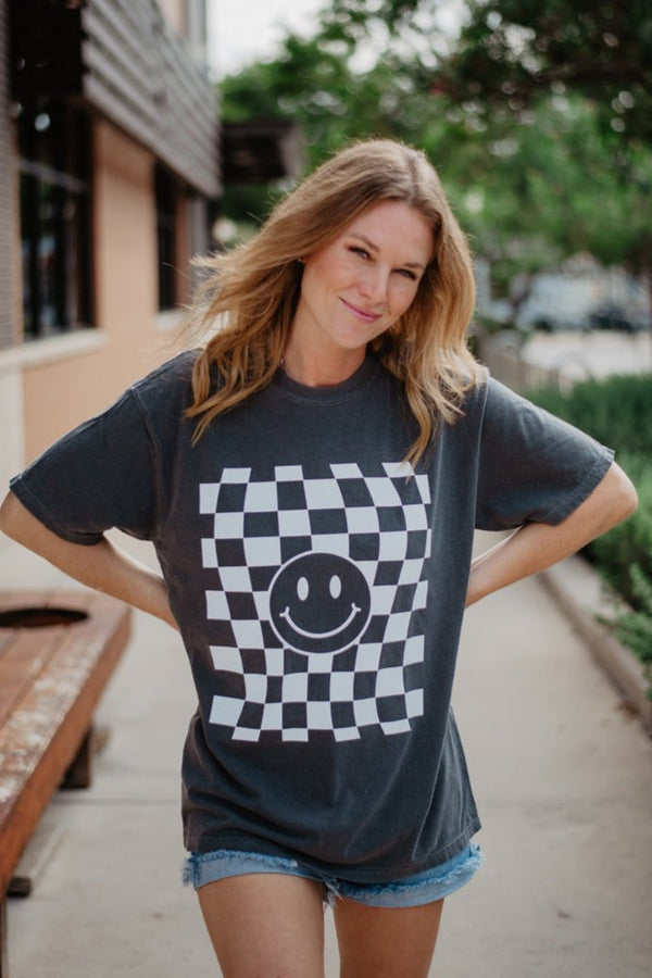 Checkered Happy Face Graphic Tee | Katydid Wholesale