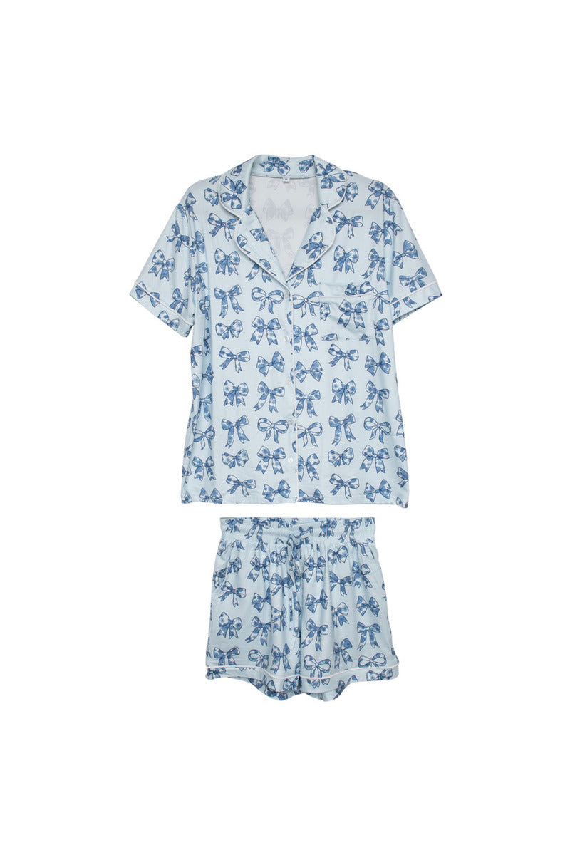 Light Blue Toile Coquette Bows Wholesale Cotton PJ Set Light Blue Toile Coquette Bows Wholesale Cotton PJ Set