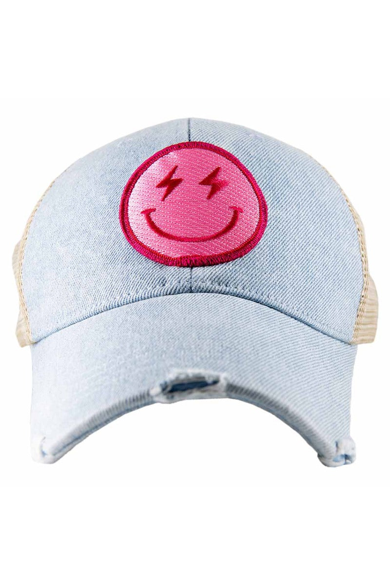 Hot Pink Lightning Happy Face Denim Wholesale Trucker Hat Hot Pink Lightning Happy Face Denim Wholesale Trucker Hat