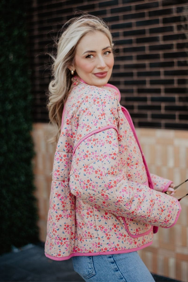 Pink Floral Women's Wholesale Quilted Jacket | USA Designed