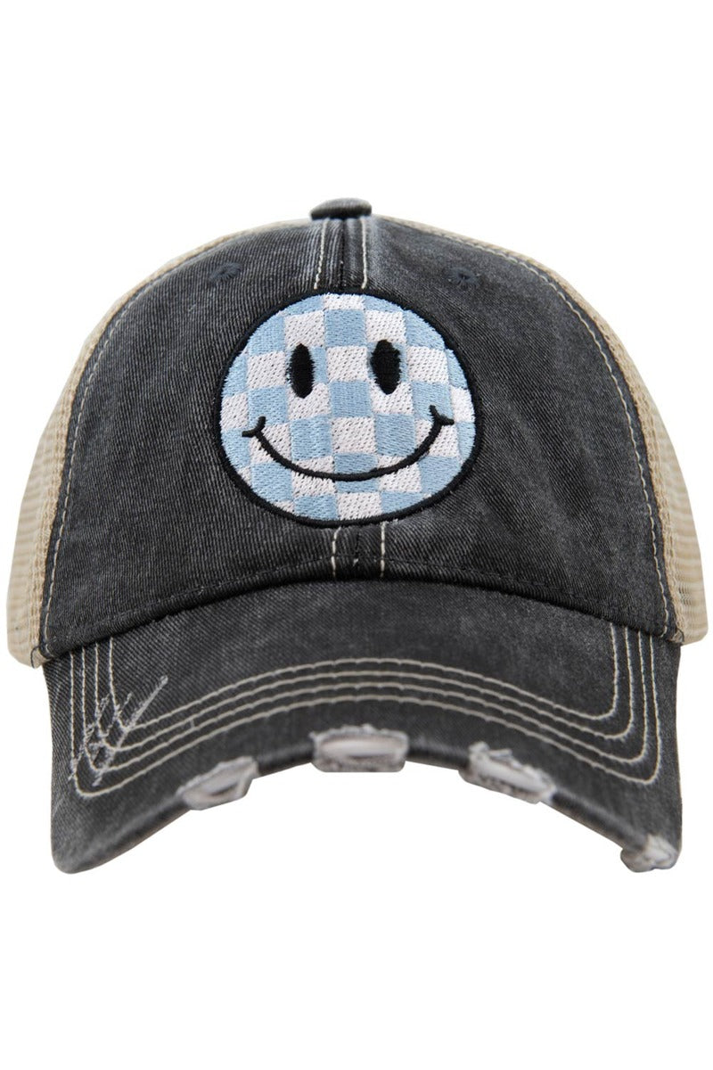 Light Blue Checkered Wholesale Happy Face Hat for Women Light Blue Checkered Wholesale Happy Face Hat for Women