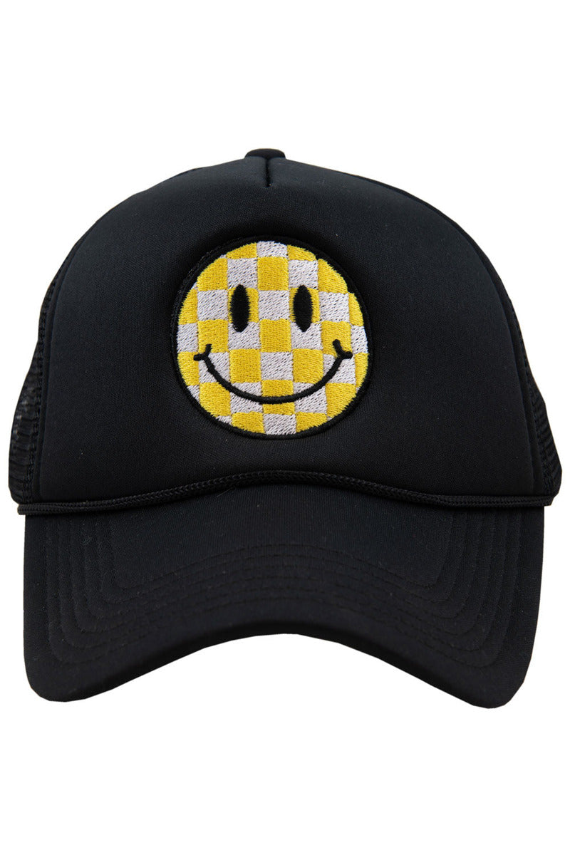 Yellow Checkered Happy Face Wholesale Foam Trucker Hat Yellow Checkered Happy Face Wholesale Foam Trucker Hat