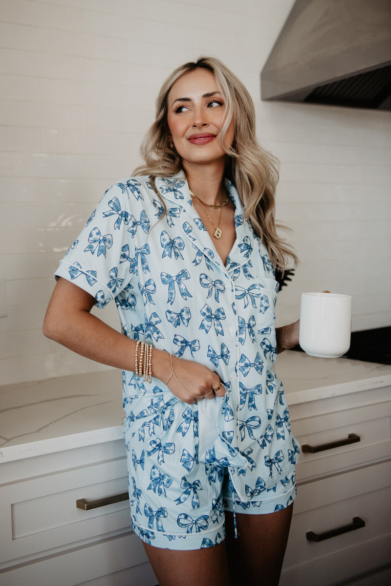 Light Blue Toile Coquette Bows Wholesale Cotton PJ Set Light Blue Toile Coquette Bows Wholesale Cotton PJ Set