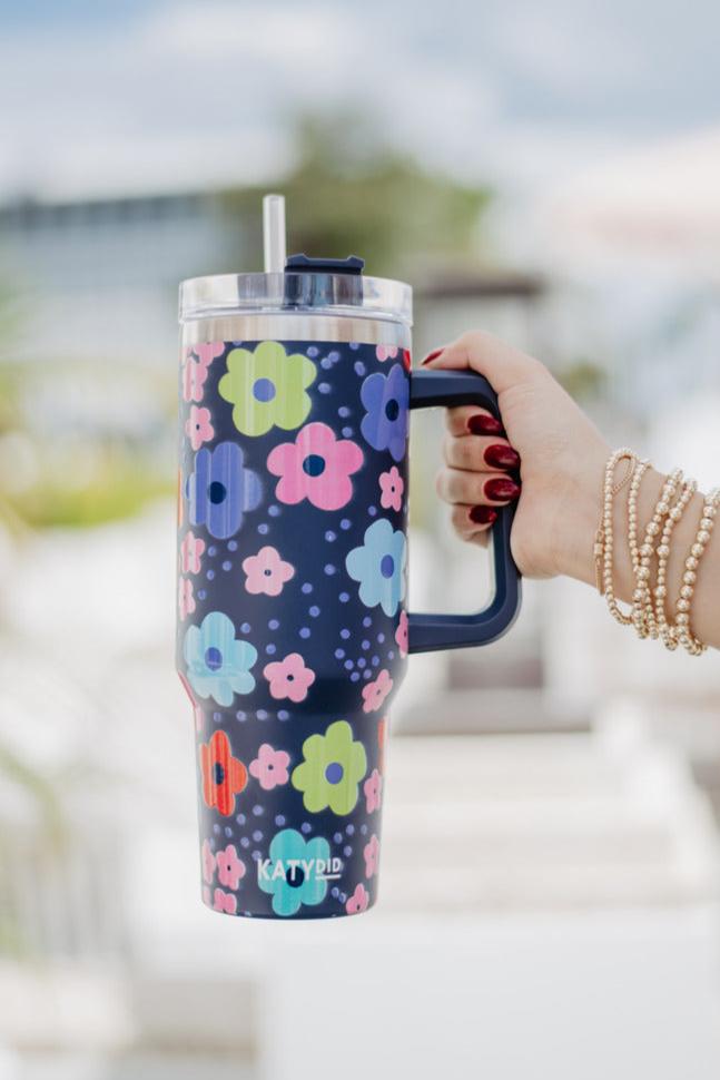 Navy Daisy Insulated Tumbler Cup with Handle Navy Daisy Insulated Tumbler Cup with Handle