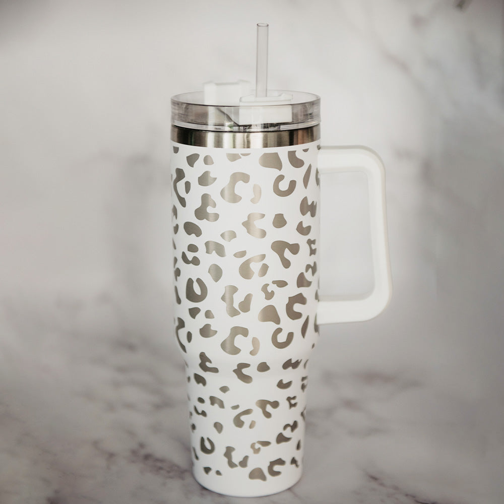 White METALLIC Leopard Coffee Tumbler