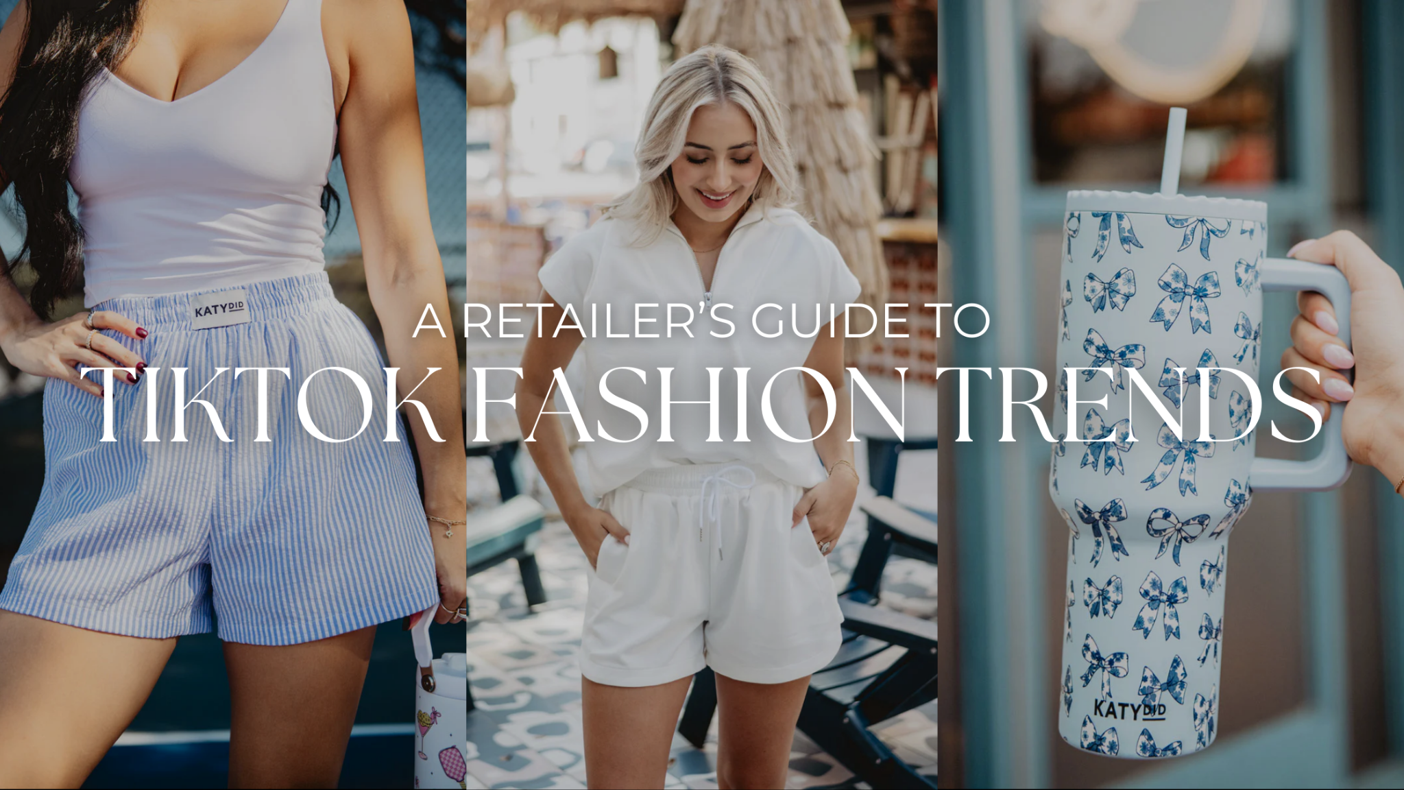 TikTok-inspired women's fashion featuring striped shorts, white loungewear, and a printed tumbler