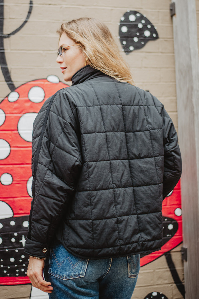 Black Wholesale Lightweight Quilted Squares Zipper Jacket