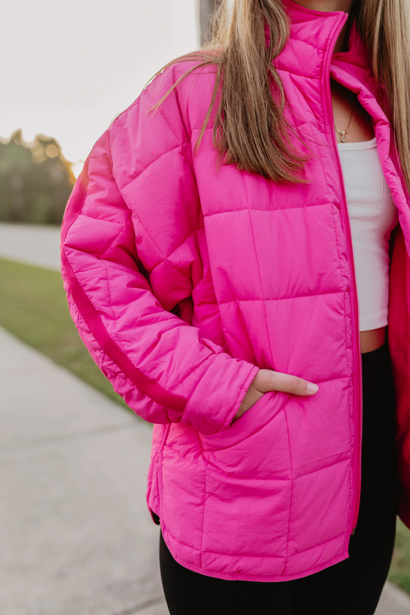 Hot Pink Wholesale QUILTED SQUARES Zipper Jacket