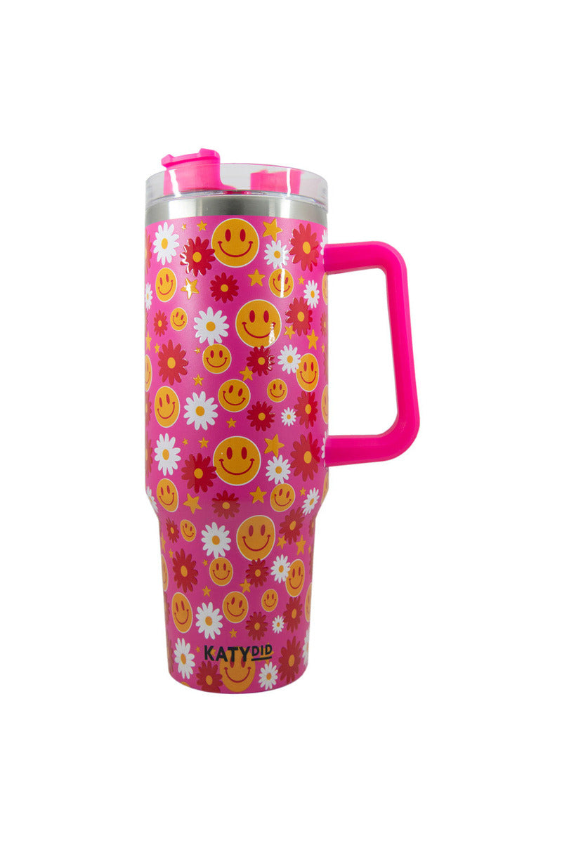 Red Flower Happy Face Wholesale Tumbler Cup w/ Handle