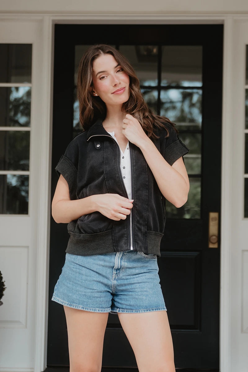 Black Garment Washed Wholesale Cropped Denim Vests