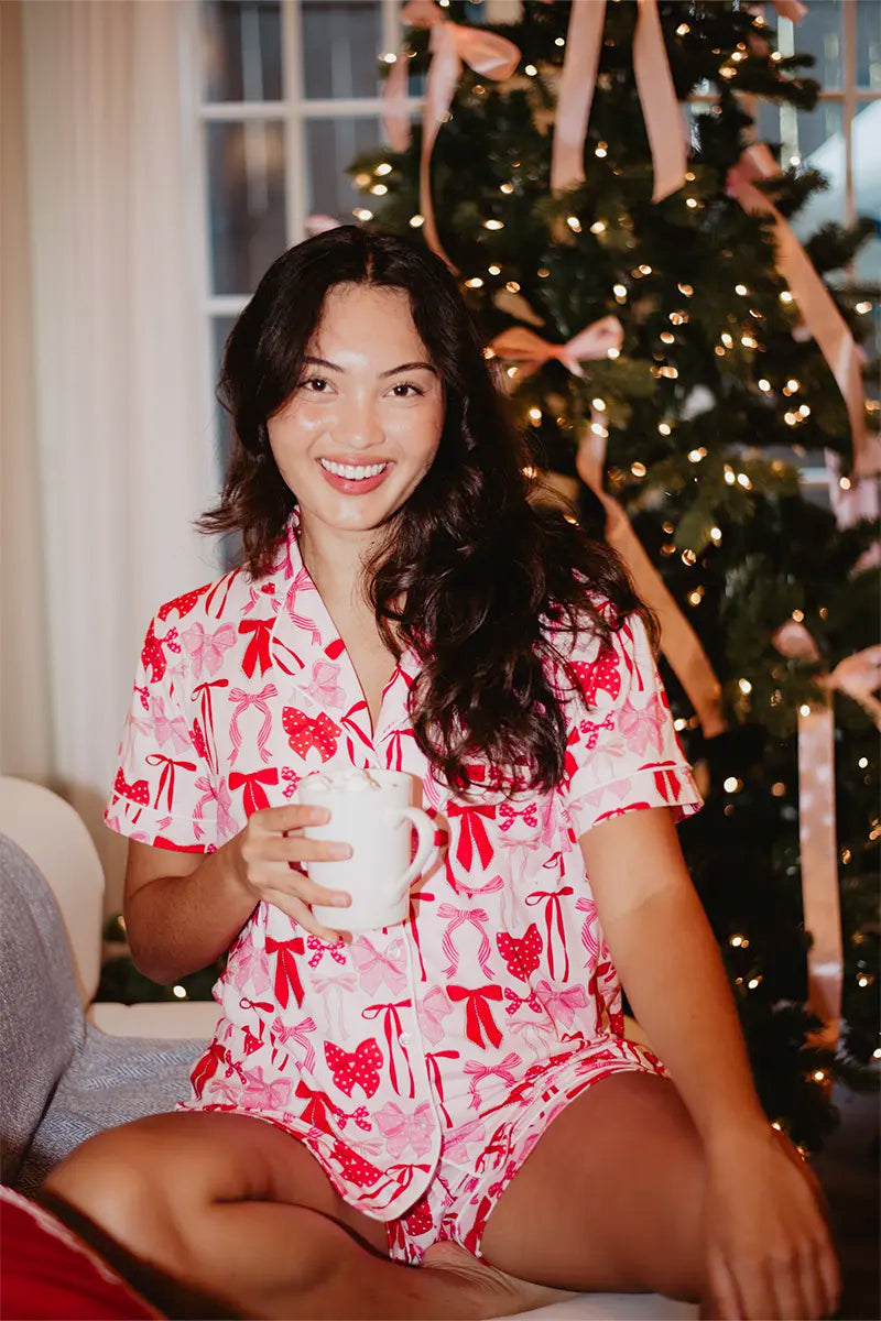Pink Red Bows Wholesale Pajama Shorts Set Wholesale PJs Katydid