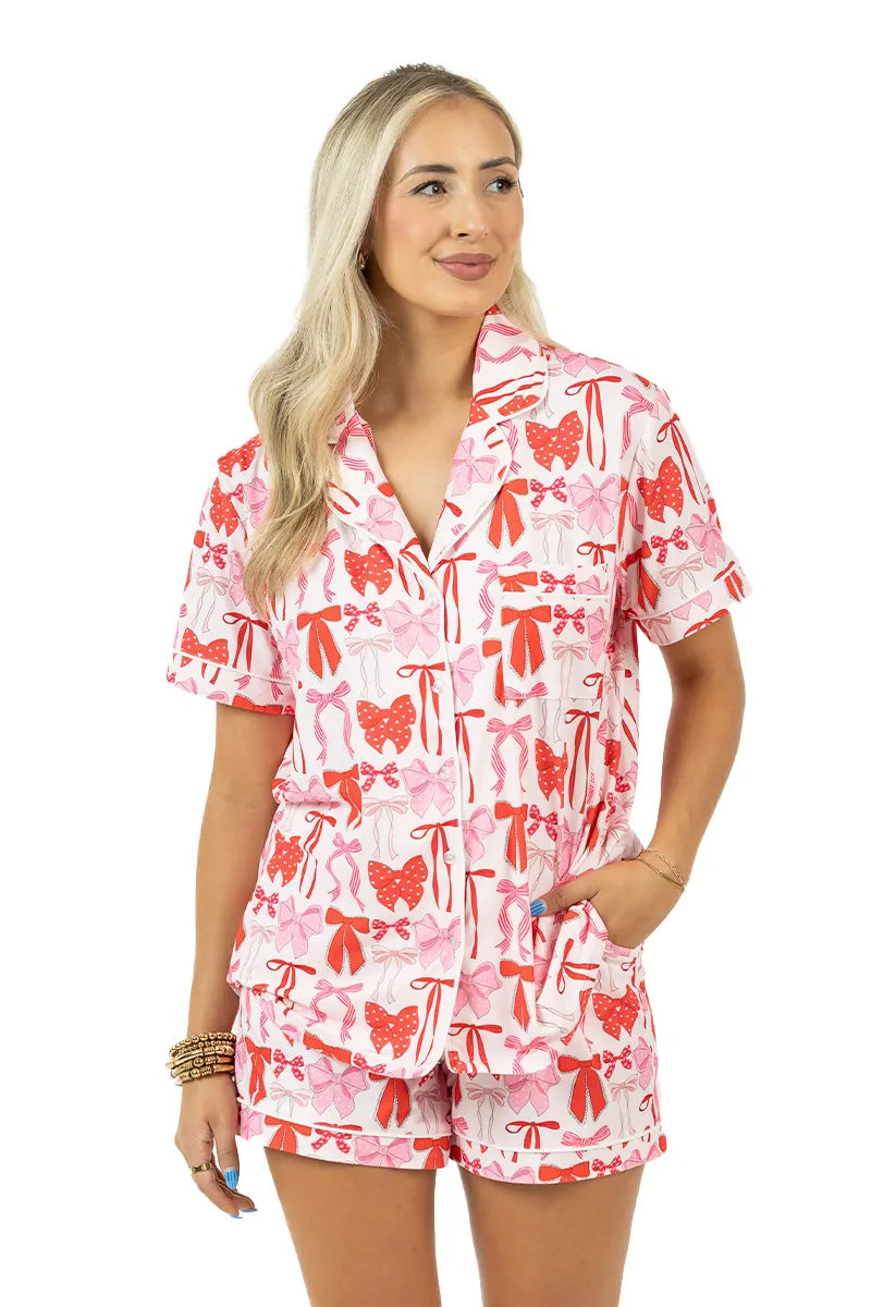 Pink & Red Coquette Bows Wholesale Pajama Shorts Set