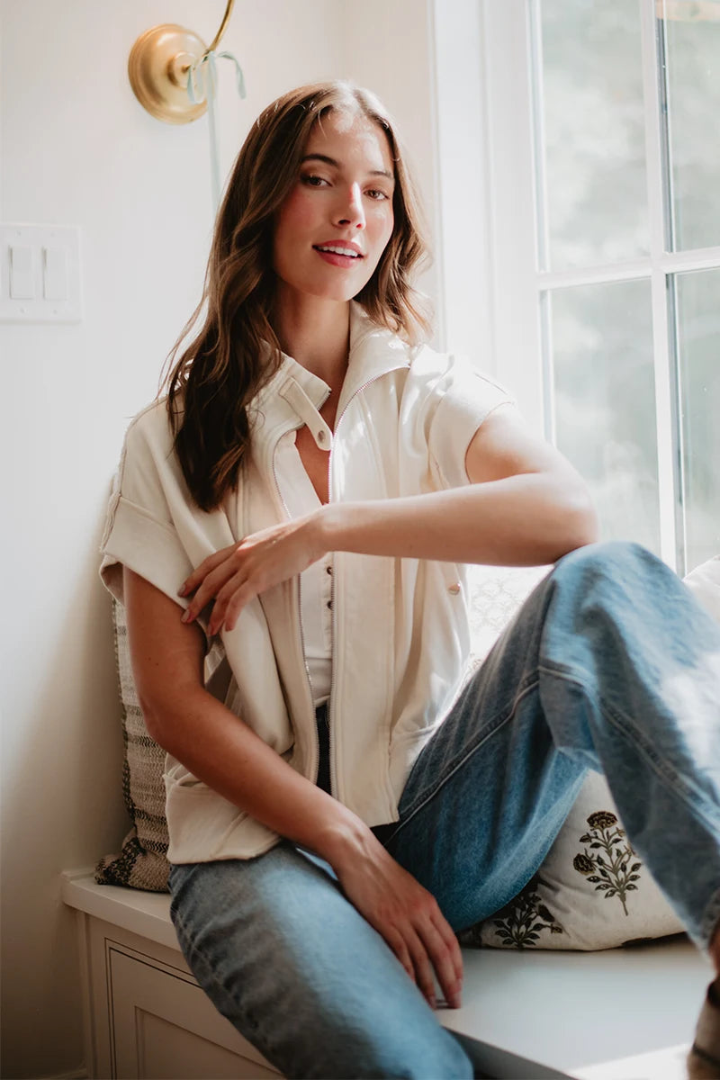 Cream Cropped Denim Wholesale Utility Vest