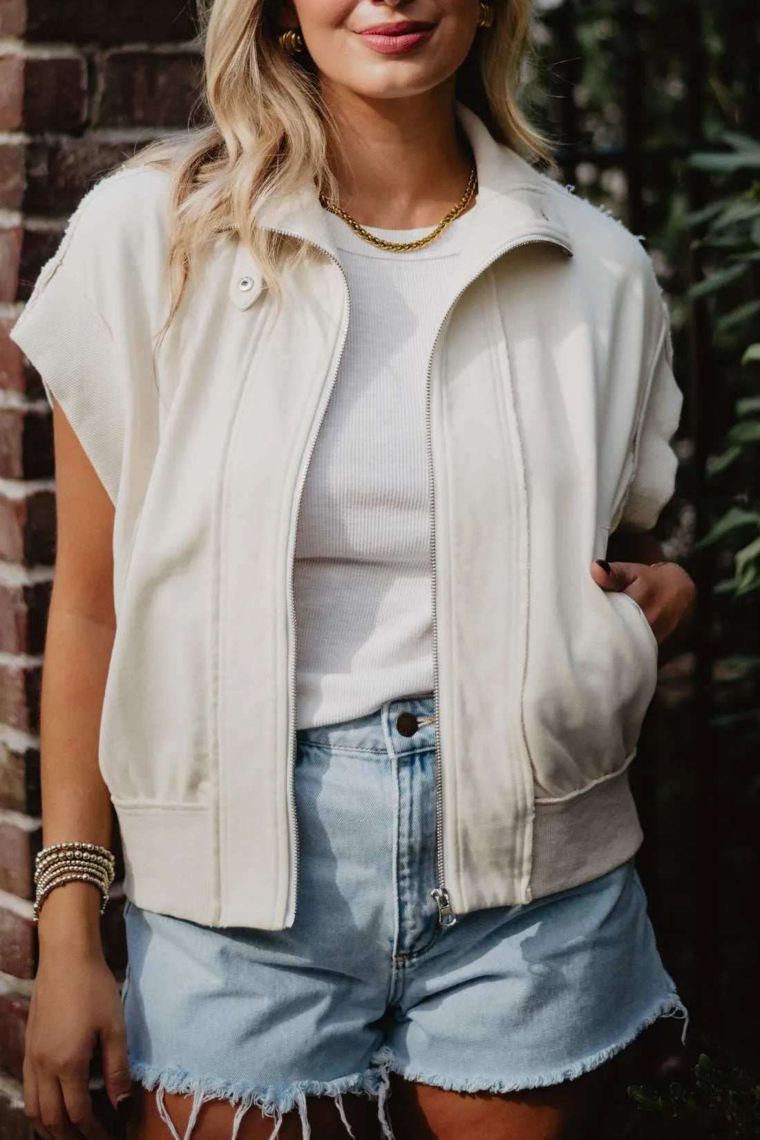 Cream Cropped Denim Wholesale Utility Vest
