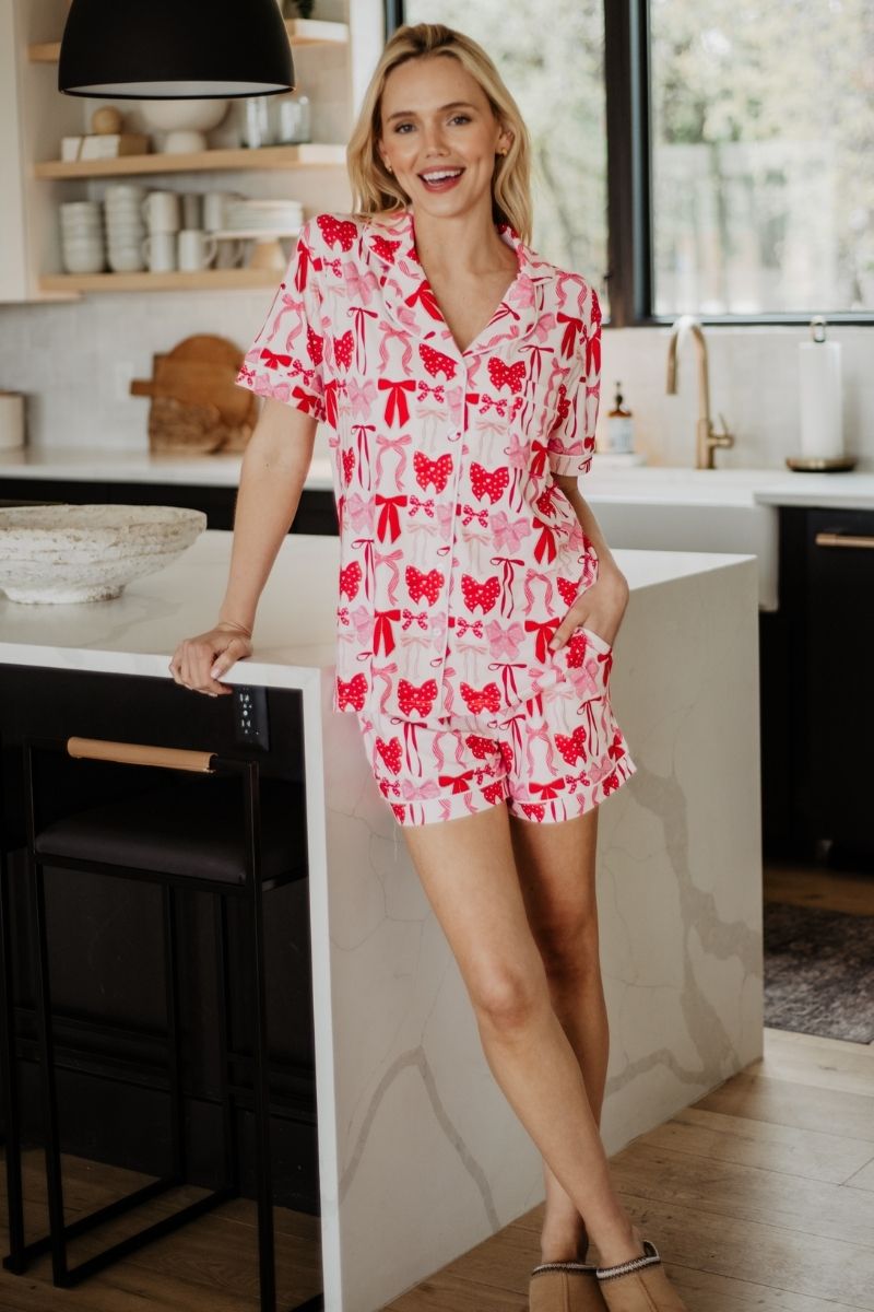 Pink & Red Coquette Bows Wholesale Pajama Shorts Set