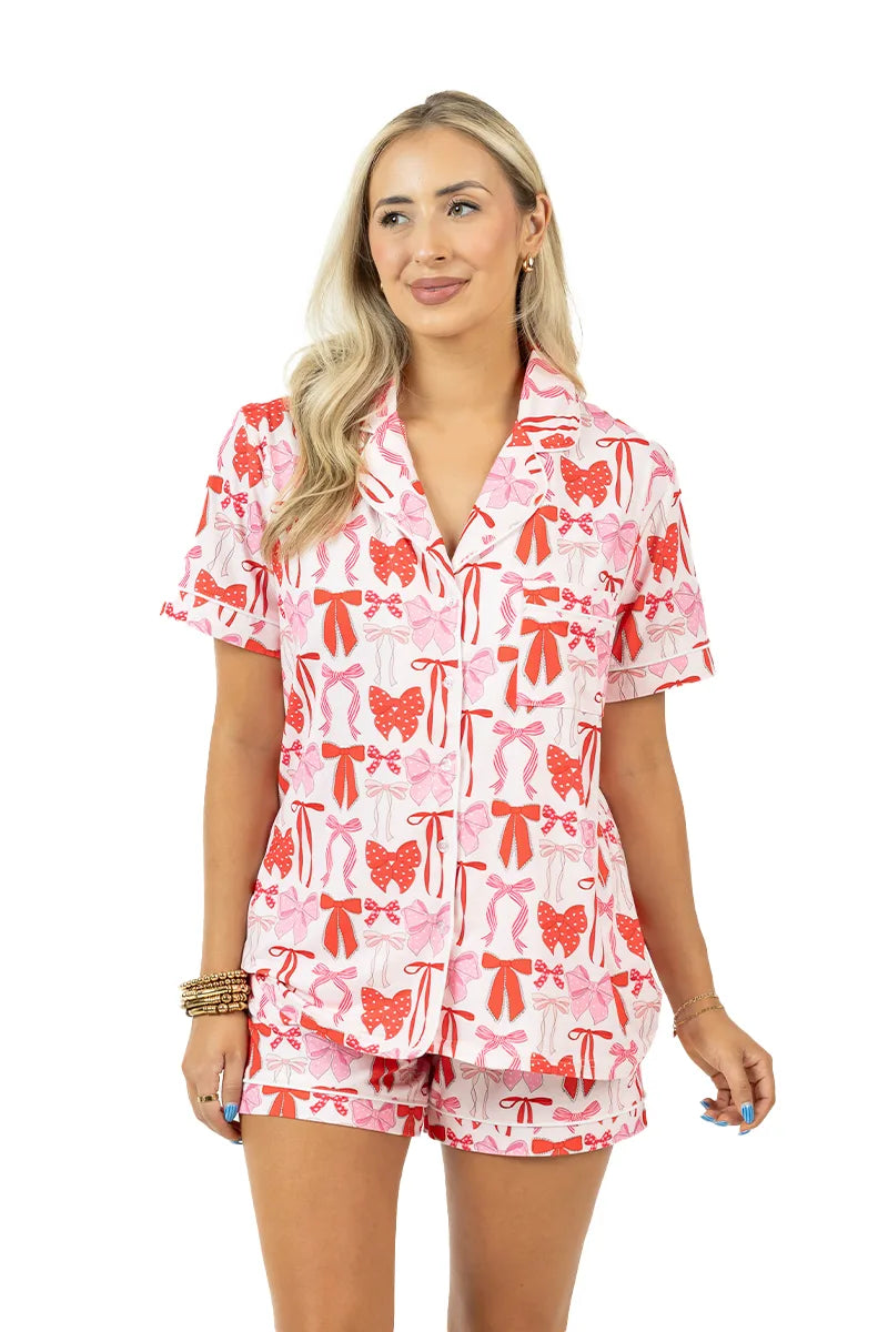 Pink & Red Coquette Bows Wholesale Pajama Shorts Set
