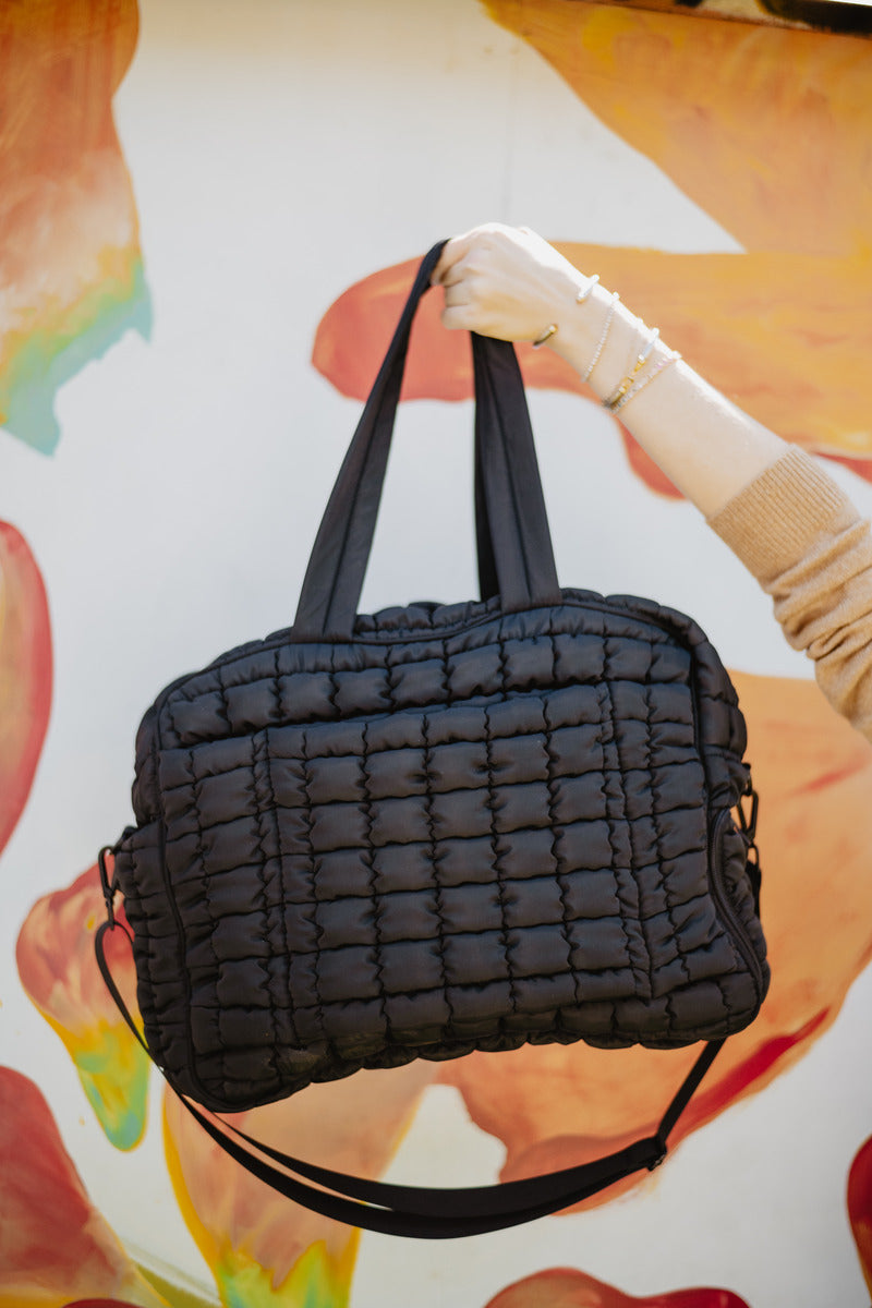 black quilted travel tote bag Black Quilted Wholesale Duffel Weekender Bag w/ Pass-Thru Slip