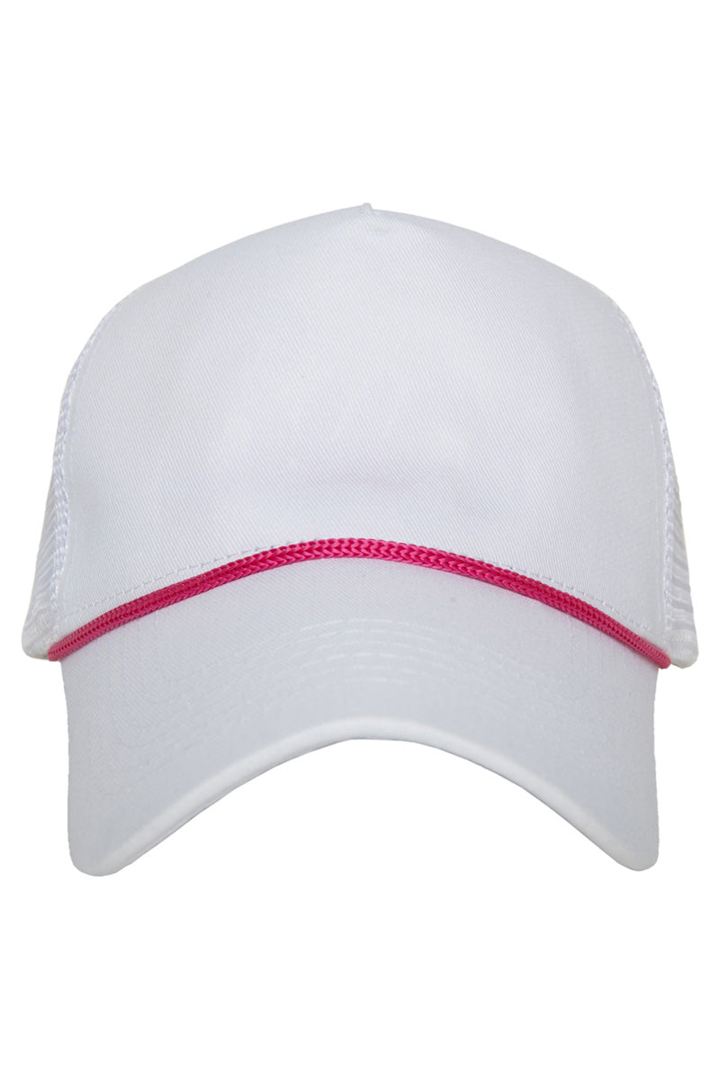 White Fabric Trucker Hat with Pink Rope Wholesale