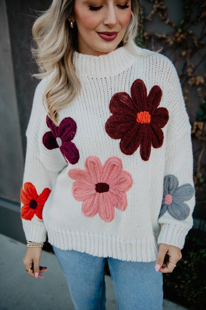 White Knit Floral Stitched Wholesale Sweater