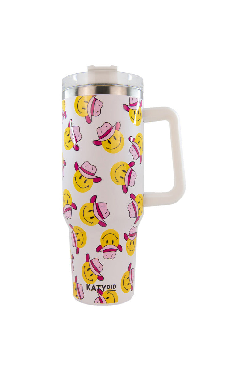 Cowboy Happy Face Travel Tumbler with Handle
