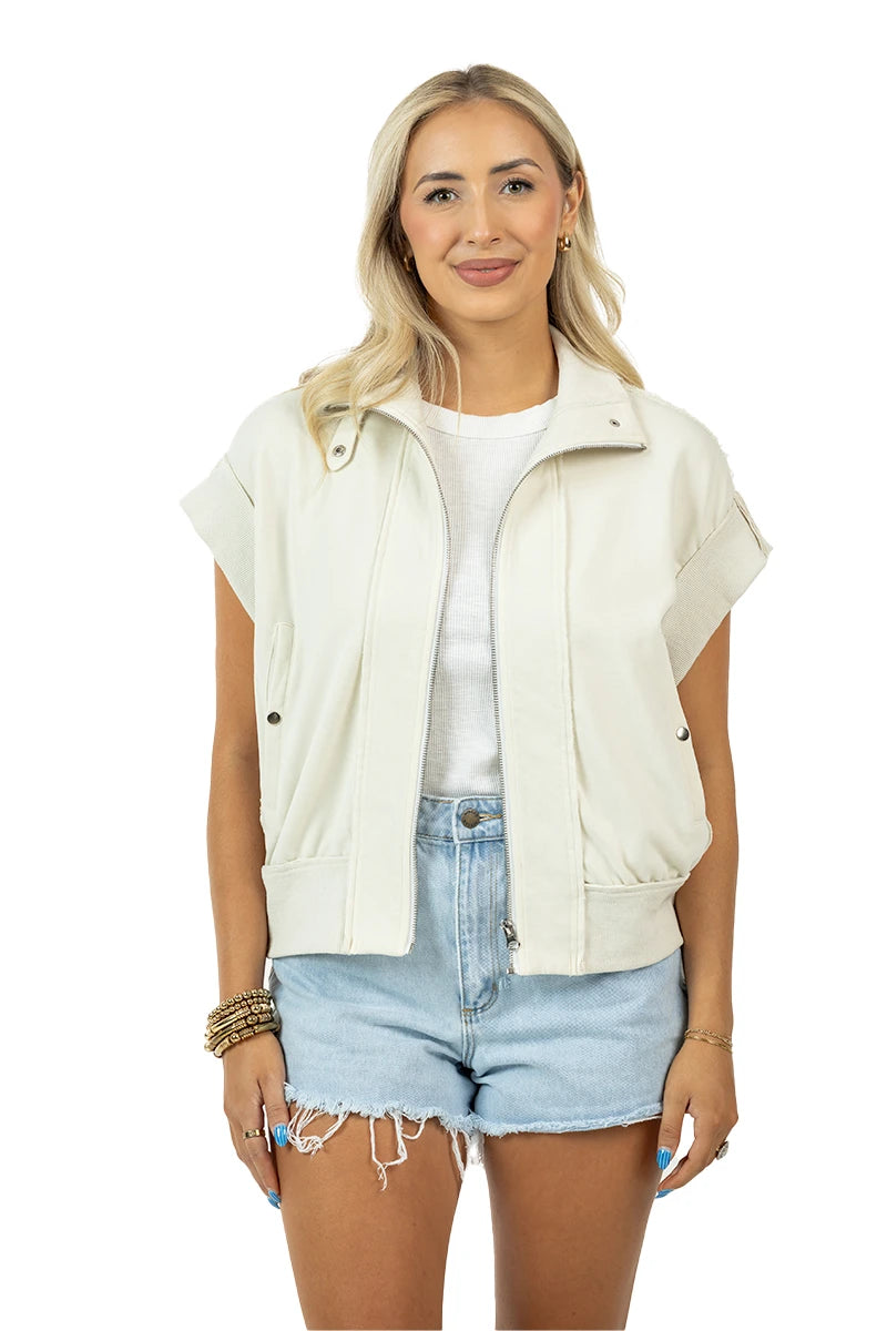 Cream Cropped Denim Wholesale Utility Vest