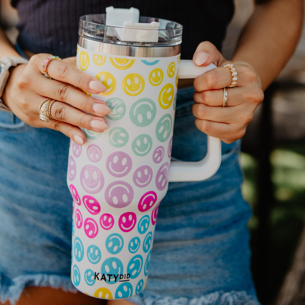 Pastel Happy Face Tumbler Cup with Handle and Straw