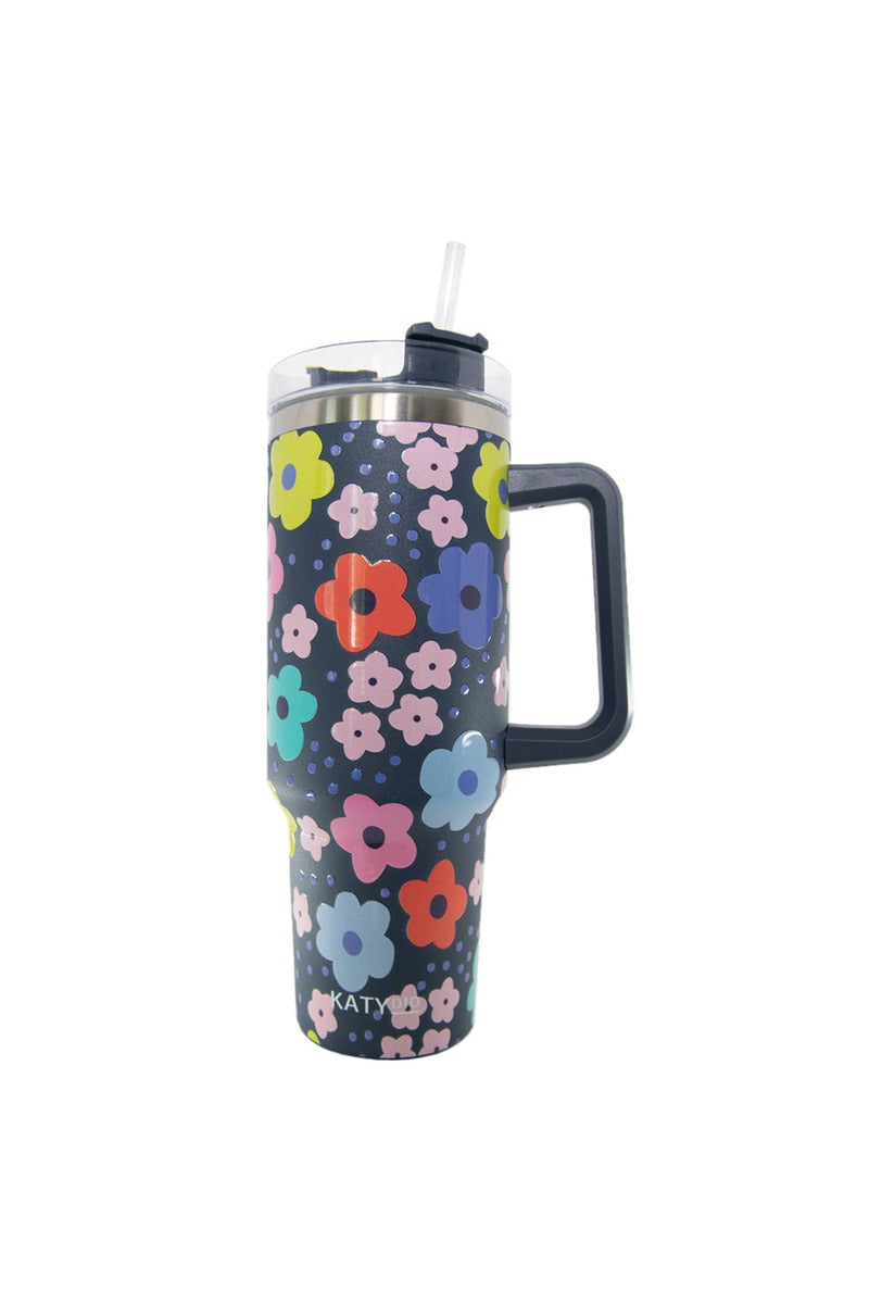 Navy Daisy Insulated Tumbler Cup with Handle