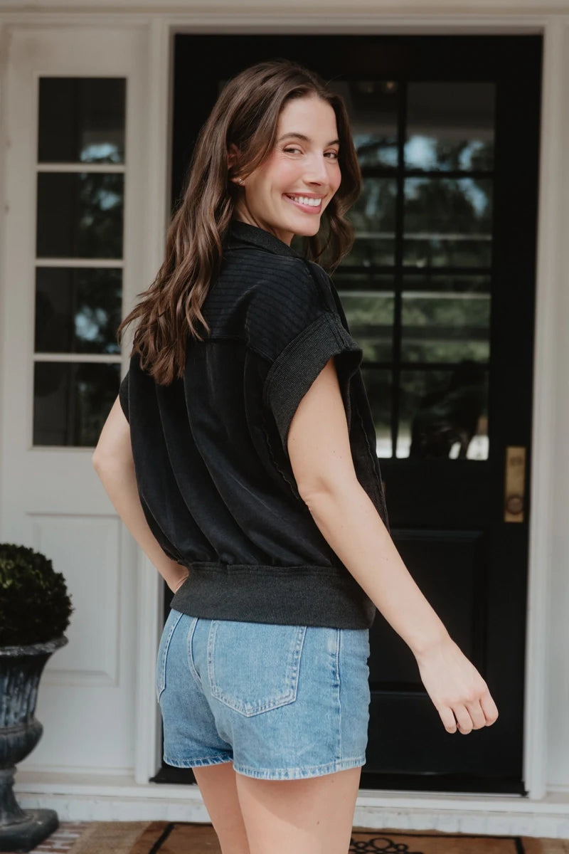 Black Garment Washed Wholesale Cropped Denim Vests