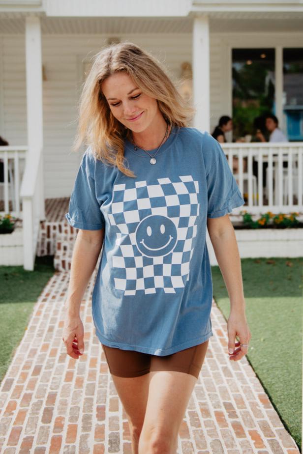 Checkered Happy Face Graphic Tee | Katydid Wholesale