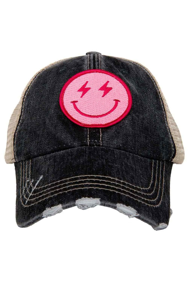 Hot Pink Lightning Happy Face (Black/Tan) Wholesale Trucker Hat