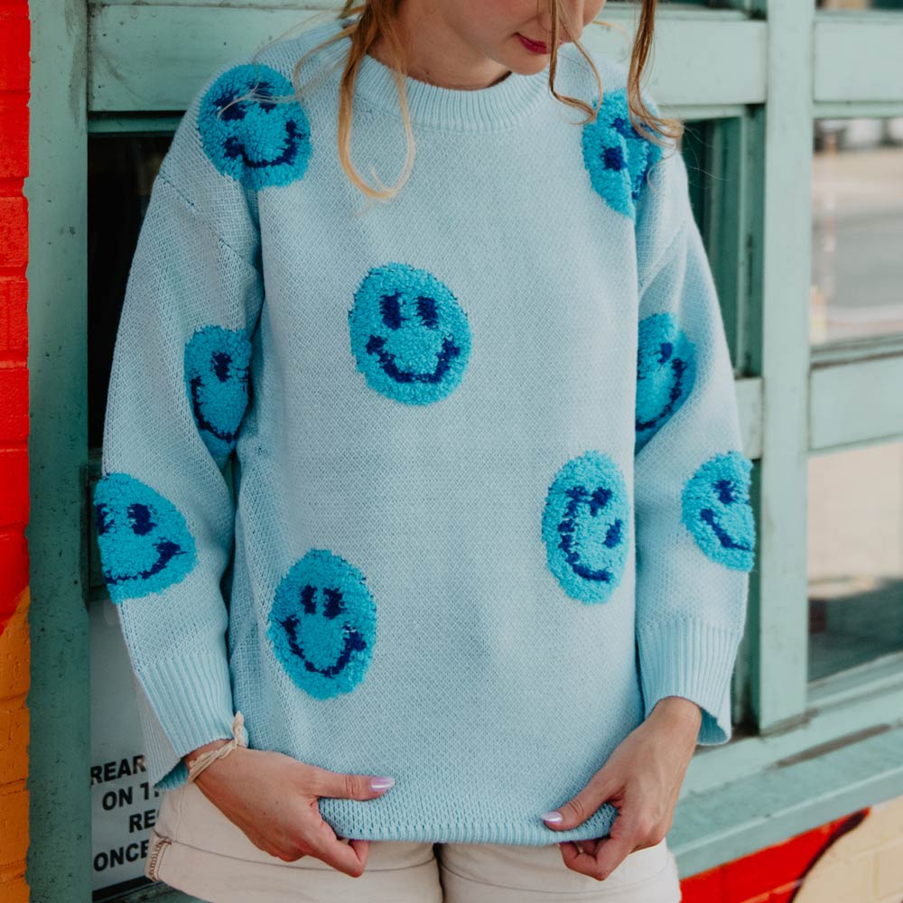 Light Blue Happy Face Wholesale Crewneck Sweater