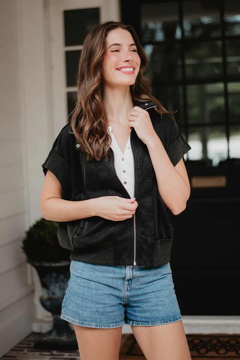 Black Garment Washed Wholesale Cropped Denim Vests