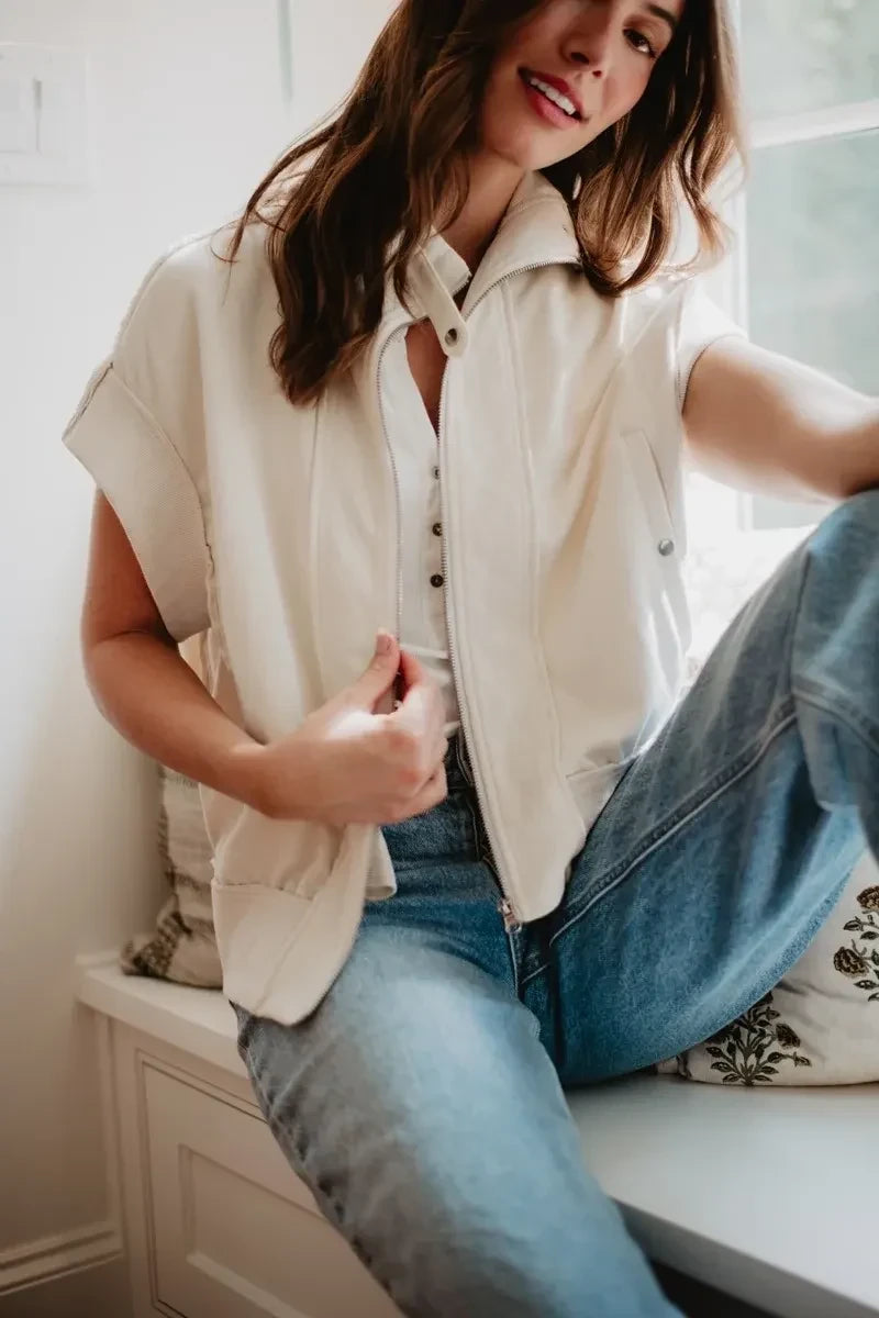 Cream Cropped Denim Wholesale Utility Vest